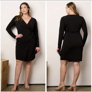 Janette Plus Elegant Wrap Dress‎ Knee Length Longsleeve Black Plus Size 1x,2x,3x